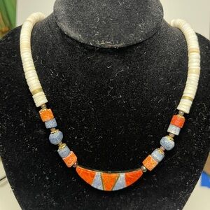 Colorful heishi necklace stone pendant artisan crafted vintage tribal beads
